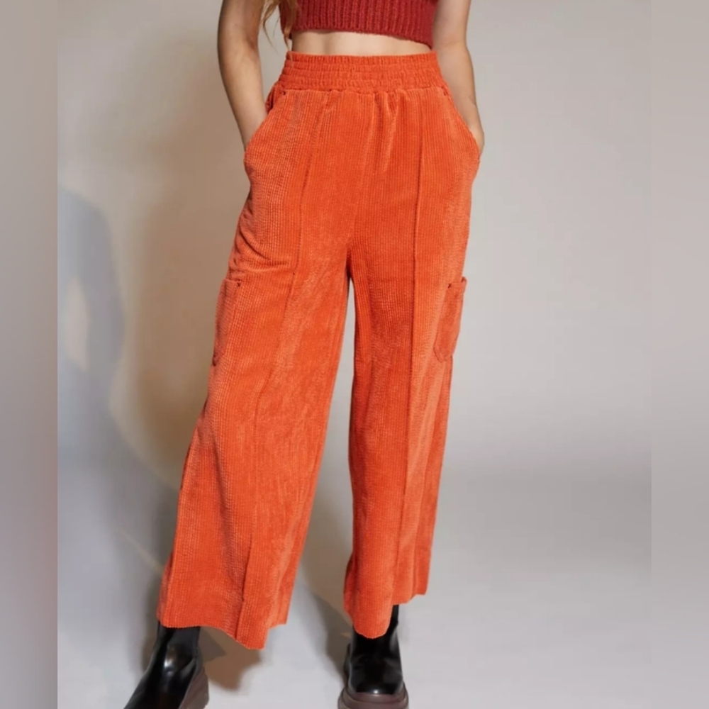 UO Drapey Corduroy Wide Leg Pant Orange Women's Size Small